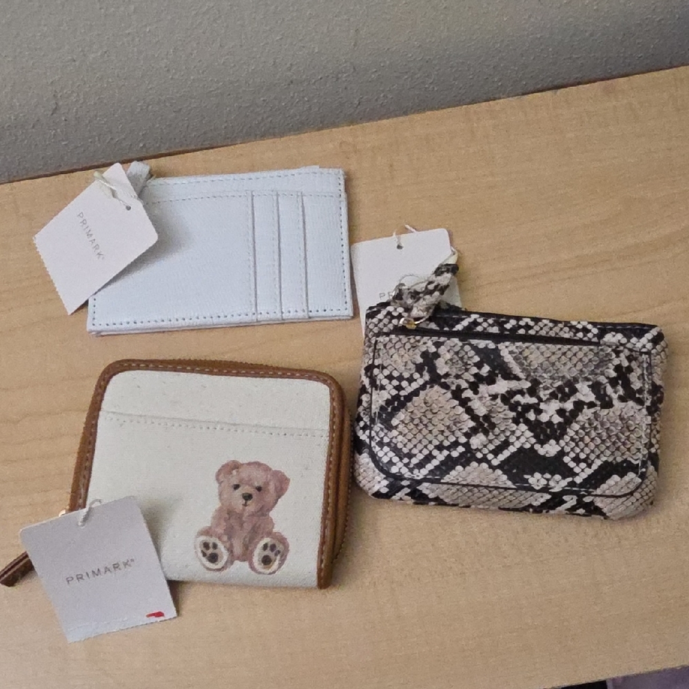 Primark Beige Teddy Wallet, White Card Holder, and Black Snake Print Pouch